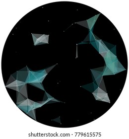 Abstract colorful wireframe structure forming a geometric pattern on a round black background. Network connection between dots and lines. Vector illustration of a complex plexus effect