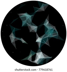 Abstract colorful wireframe structure forming a geometric pattern on a round black background. Network connection between dots and lines. Vector illustration of a complex plexus effect