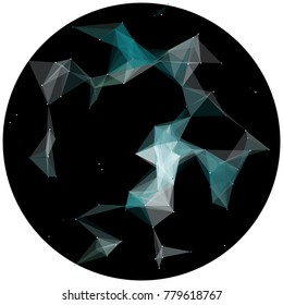 Abstract colorful wireframe structure forming a geometric pattern on a round black background. Network connection between dots and lines. Vector illustration of a complex plexus effect