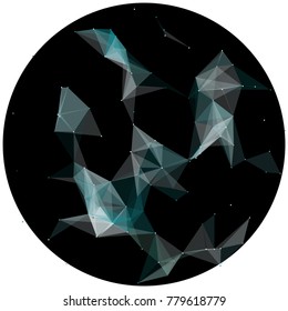 Abstract colorful wireframe structure forming a geometric pattern on a round black background. Network connection between dots and lines. Vector illustration of a complex plexus effect