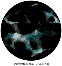 Abstract colorful wireframe structure forming a geometric pattern on a round black background. Network connection between dots and lines. Vector illustration of a complex plexus effect
