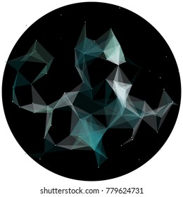 Abstract colorful wireframe structure forming a geometric pattern on a round black background. Network connection between dots and lines. Vector illustration of a complex plexus effect
