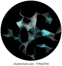 Abstract colorful wireframe structure forming a geometric pattern on a round black background. Network connection between dots and lines. Vector illustration of a complex plexus effect