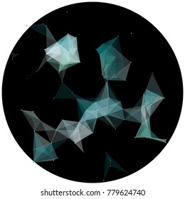 Abstract colorful wireframe structure forming a geometric pattern on a round black background. Network connection between dots and lines. Vector illustration of a complex plexus effect