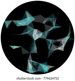 Abstract colorful wireframe structure forming a geometric pattern on a round black background. Network connection between dots and lines. Vector illustration of a complex plexus effect