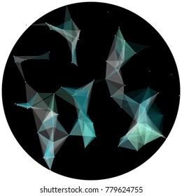 Abstract colorful wireframe structure forming a geometric pattern on a round black background. Network connection between dots and lines. Vector illustration of a complex plexus effect