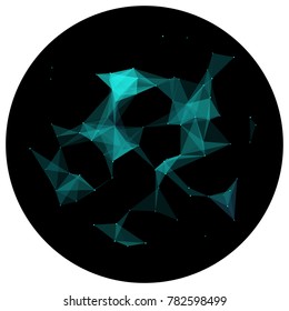 Abstract colorful wireframe structure forming a geometric pattern on a round black background. Network connection between dots and lines. Vector illustration of a complex plexus effect