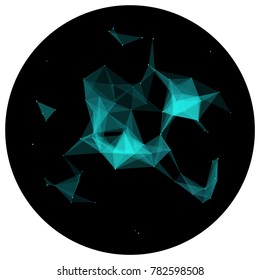 Abstract colorful wireframe structure forming a geometric pattern on a round black background. Network connection between dots and lines. Vector illustration of a complex plexus effect