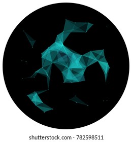 Abstract colorful wireframe structure forming a geometric pattern on a round black background. Network connection between dots and lines. Vector illustration of a complex plexus effect