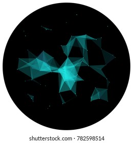Abstract colorful wireframe structure forming a geometric pattern on a round black background. Network connection between dots and lines. Vector illustration of a complex plexus effect