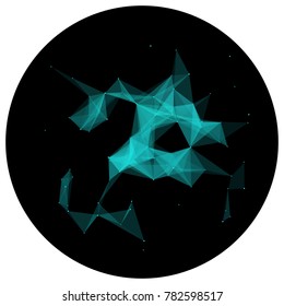 Abstract colorful wireframe structure forming a geometric pattern on a round black background. Network connection between dots and lines. Vector illustration of a complex plexus effect