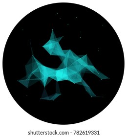 Abstract colorful wireframe structure forming a geometric pattern on a round black background. Network connection between dots and lines. Vector illustration of a complex plexus effect