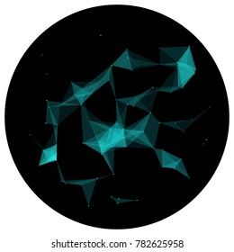 Abstract colorful wireframe structure forming a geometric pattern on a round black background. Network connection between dots and lines. Vector illustration of a complex plexus effect