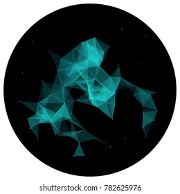 Abstract colorful wireframe structure forming a geometric pattern on a round black background. Network connection between dots and lines. Vector illustration of a complex plexus effect