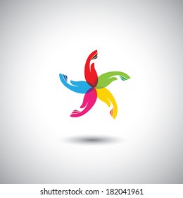 abstract colorful woman hands vector icons in circle. This graphic represents support, care, unity, diversity, community union, racial harmony, people in peace, teamwork