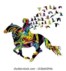 Abstract colorful woman horse rider with birds