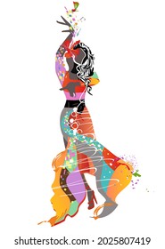 Abstract colorful women dancing decorated with waves, notes. Hand drawn vector illustration. 