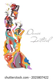 Abstract colorful women dancing decorated with waves, notes. Hand drawn vector illustration. 