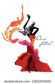 Abstract colorful women  moving in dance decorated with waves, notes. Hand drawn vector illustration. 