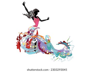 Abstract colorful women  moving in dance decorated with waves, notes. Hand drawn vector illustration. 