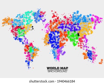 Abstract colorful world map in the form of blots, colorful ink splashes, grunge splatters. Vector illustration