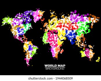 Abstract colorful world map in the form of blots, colorful ink splashes, grunge splatters. Vector illustration