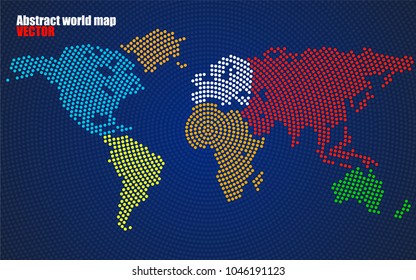 Abstract colorful world map of radial dots. Vector