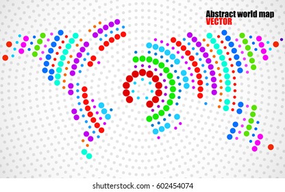 Abstract colorful world map of radial dots. Vector