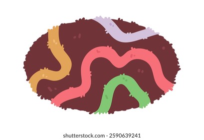 Abstract colorful worms on soil background in cartoon style. Concept of nature and creativity. Vector illustration