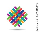Abstract colorful woven network representing teamwork, collaboration, and diversity. Strands of fibre weaved together, details of a fabric or cloth. Simple vector illustration