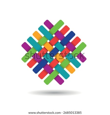 Abstract colorful woven network representing teamwork, collaboration, and diversity. Strands of fibre weaved together, details of a fabric or cloth. Simple vector illustration