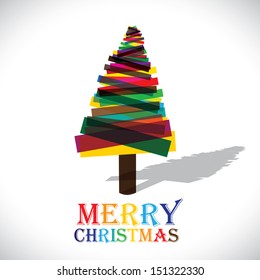 Abstract colorful xmas tree on white background- vector graphic. This illustration shows christmas tree made of transparent paper in various colors with colorful text merry christmas