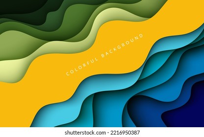 abstract colorful yellow, green, blue dynamic wavy layers papercut style background. eps10 vector
