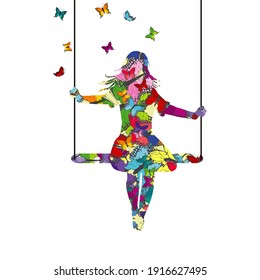 Abstract colorful young woman silhouette who is swinging and butterflies fly around her
