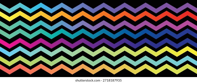 Abstractas colorido zigzag chevron patrón con colores vibrantes del arco iris sobre un fondo negro. Diseño geométrico moderno adecuado para Fondos de pantalla, textiles, moda, papel de regalo, fondos digitales, carteles y proyectos gráficos creativos.