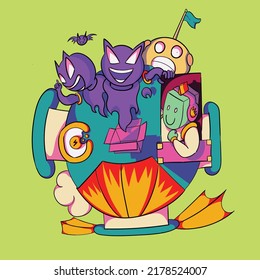Abstract Colorfull illustration Art with Ghost,Mecha, And Bat Vector for printed On T-Shirt