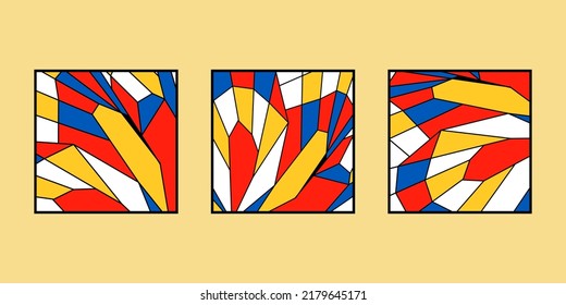 Abstract colorfull wall art square posters. Neoplasticism, Bauhaus, Mondrian style. Red yellow blue colors simple shapes. Home interior, print, cover, logo, emblem vector illustration element