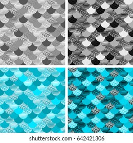 Abstract colorfull wave seamless pattern. the fabric. Scales vector blue. black and white. grey art