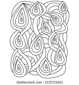 Abstract coloring book page, meditative teardrop spirals and stripes for creativity vector illustration