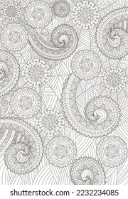 Abstract coloring page for adults with boho elements pattern, printable background, card design 