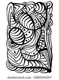 Abstract coloring page with arc patterns and doodle motifs, patterned element for colouring or creating metaphorical cards vector illustration