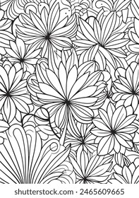 Abstract coloring page. Floral coloring page. Flower coloring page. Floral background. Seamless vector floral pattern. Floral seamless pattern. Zentangle doodle background. Black and white hand-drawn.