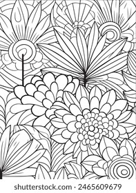 Abstractas página para colorear. Página para colorear floral. Página para colorear flores. Fondo floral. Patrón floral de Vector sin costuras. Patrón floral sin costuras. Fondo de garabato Zentangle. Dibujado a mano en blanco y negro.