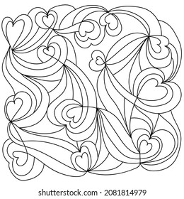 Abstract coloring page with hearts and curls, antistress coloring book for adults and children vector illustration