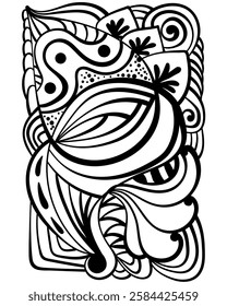 Abstract coloring page with striped patterns and doodle motifs, patterned element for colouring or creating metaphorical cards vector illustration