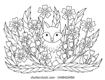 Abstract coloring page with summer flowers and cute little fox, for kids and adults