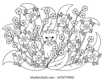 Abstract coloring page with summer flowers and cute little leopard cub, for kids and adults