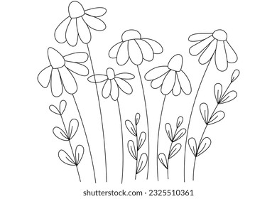 Abstract colorless daisies with abstract grass. Editable stroke. Linear design of a postcard for a holiday