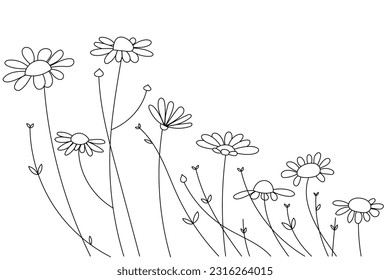 Abstract colorless daisies with small grass lean away from the wind. Editable stroke weight.