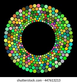 Abstract colors dots on a black background. Vector illustration.